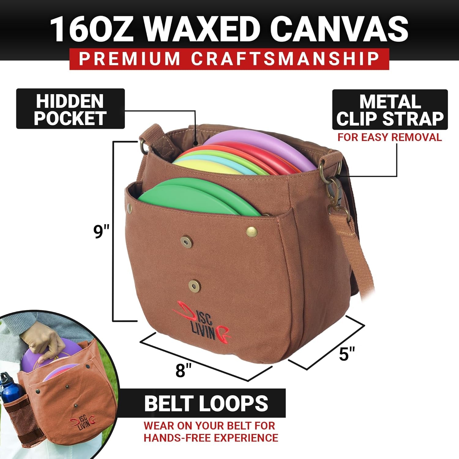 Disc Golf Bag | Frisbee Golf Bag | Easy to Carry | Lightweight Fits up to 10 Discs | 16 Oz Waxed Canvas Sturdy Design | Belt Loop | Double Button Design | Bottle Holder