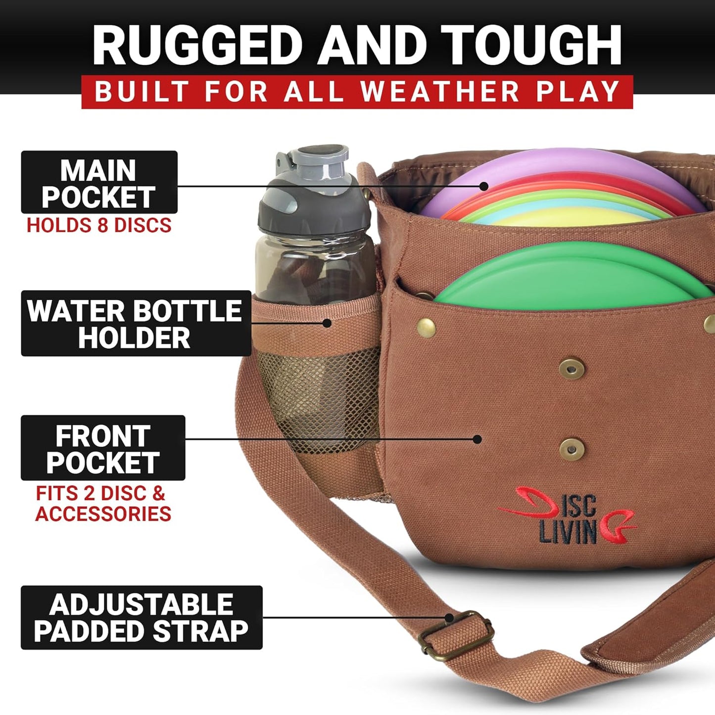 Disc Golf Bag | Frisbee Golf Bag | Easy to Carry | Lightweight Fits up to 10 Discs | 16 Oz Waxed Canvas Sturdy Design | Belt Loop | Double Button Design | Bottle Holder